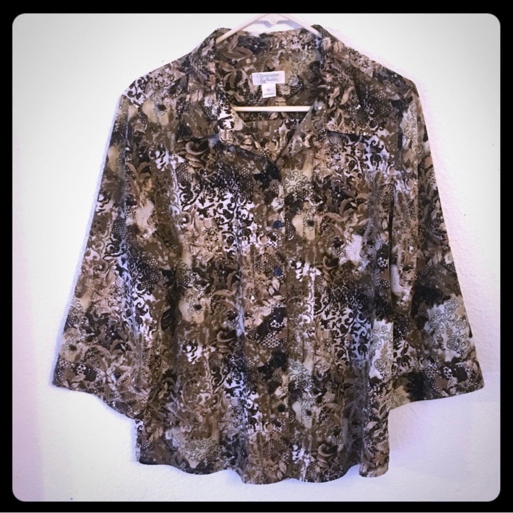 Christopher & Banks XL Neutral Floral Blouse Button Front Top - Picture 2 of 4